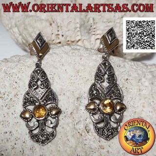Boucles d'oreilles en argent, plaque baroque perforée parsemée de marcassite, topaze jaune ronde et feuilles d'or