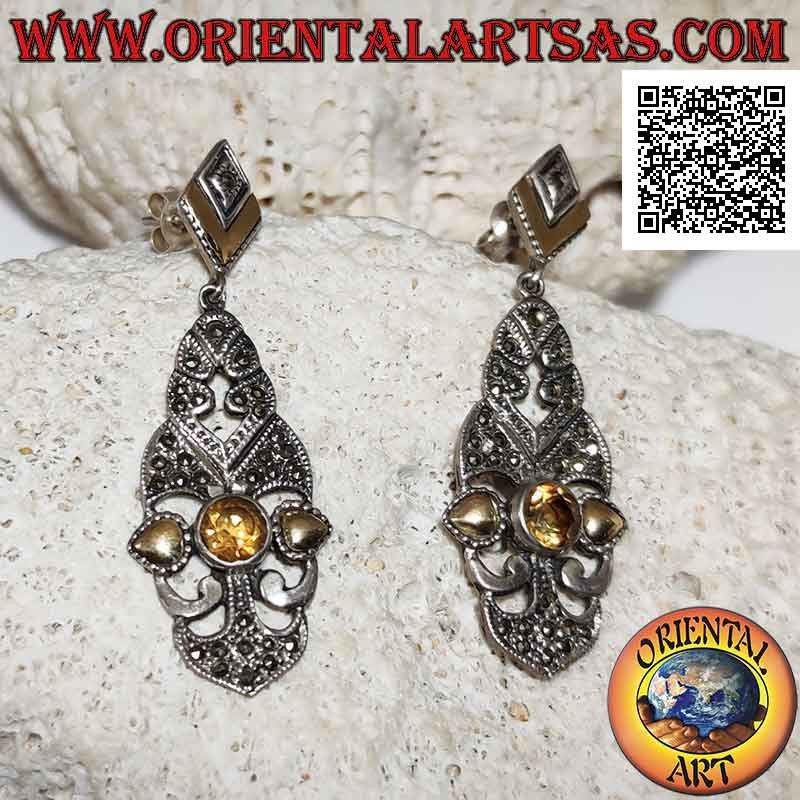 Silver earrings, perforated baroque plate studded with marcasite, round yellow topaz and gold leaves