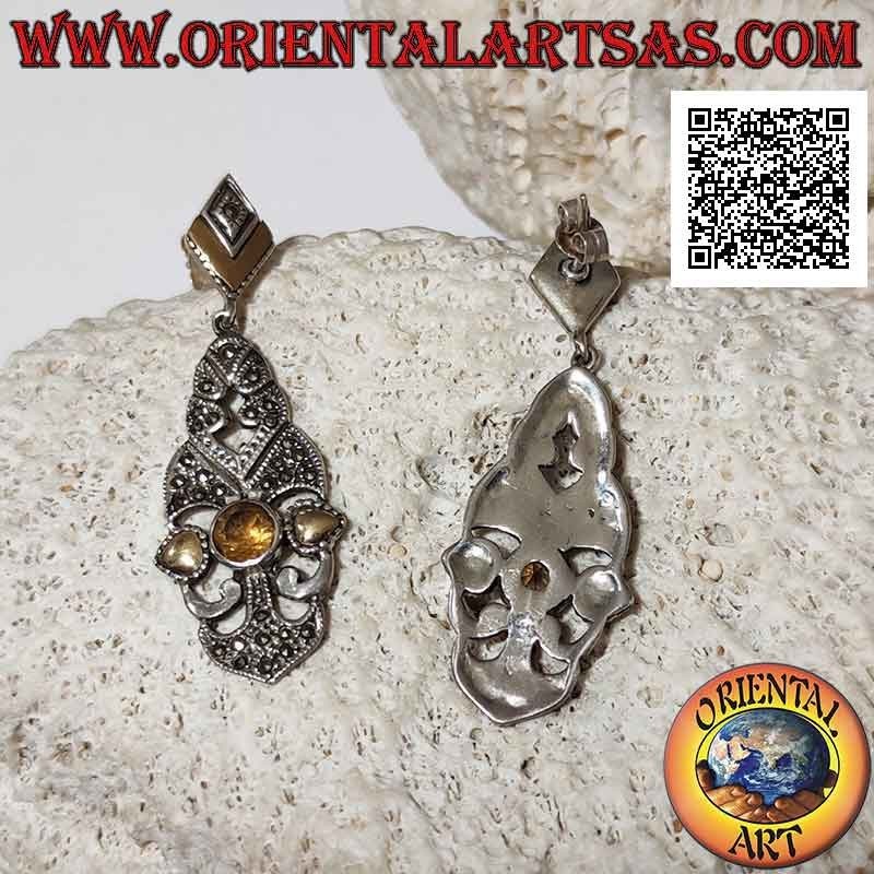 Boucles d'oreilles en argent, plaque baroque perforée parsemée de marcassite, topaze jaune ronde et feuilles d'or