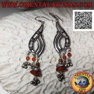 Silver earrings with pendant plate with embossed flowers and natural carnelian fragments hanging