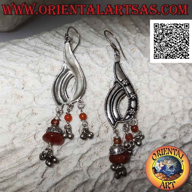 Silver earrings with pendant plate with embossed flowers and natural carnelian fragments hanging
