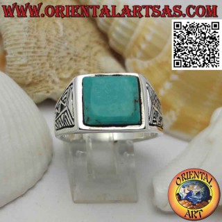 Silver ring with square turquoise and Aztec engraving on the sides