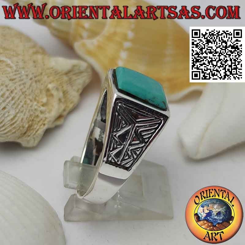 Silver ring with square turquoise and Aztec engraving on the sides