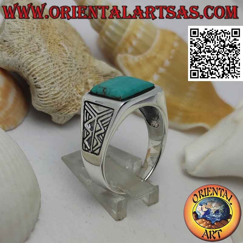 Silver ring with square turquoise and Aztec engraving on the sides