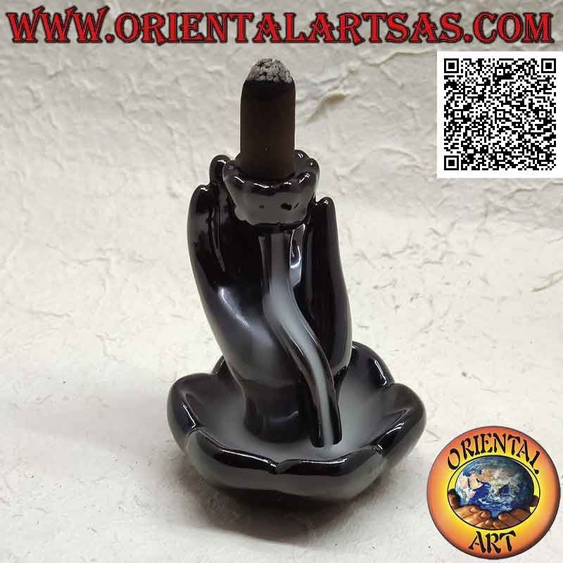 Cone Incense Burner Buddha Hand Lotus Black Ceramic | Oriental Art