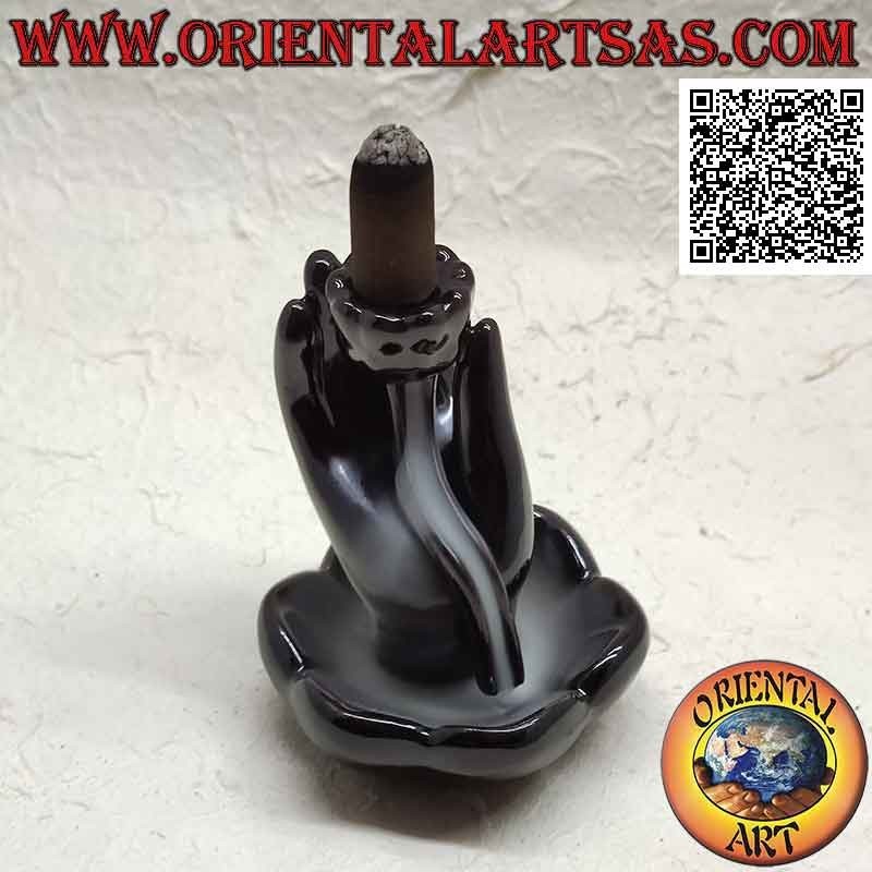 Bruciatore Incensi Cono reflusso Mano Buddha Fiore Loto Ceramica Nera