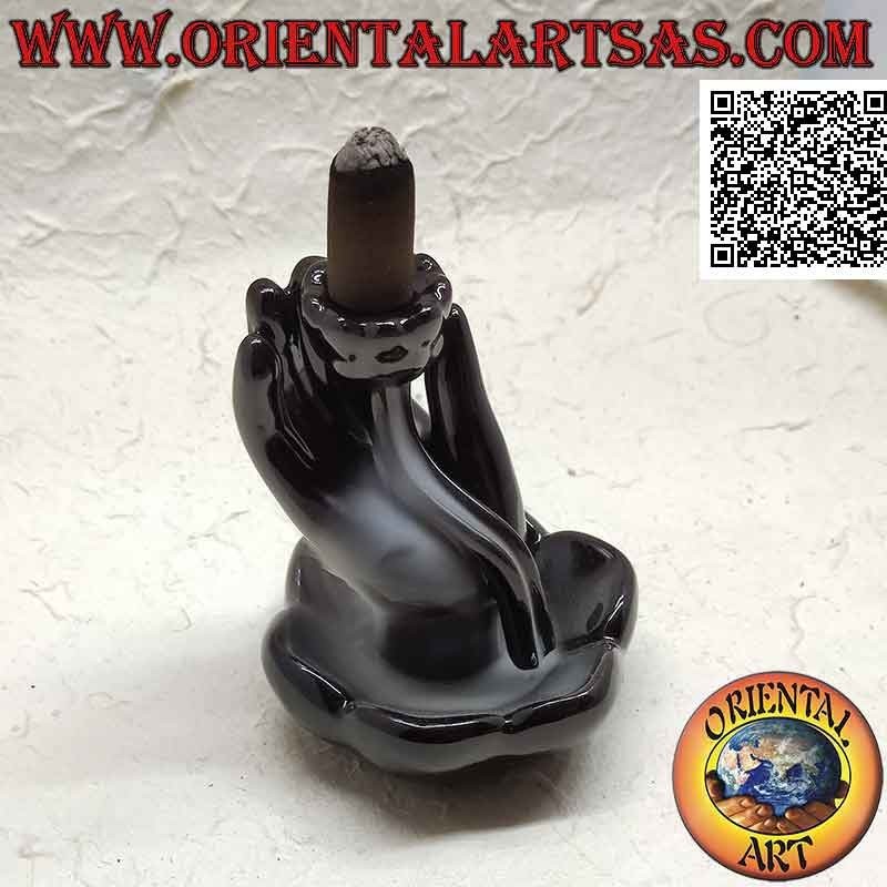 Brûle-Encens Cône Main Bouddha Lotus Céramique Noire | Oriental Art