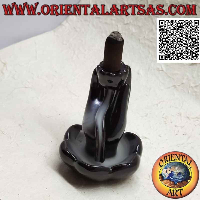 Kegel Räuchergefäß Buddha Hand Lotus Schwarze Keramik | Oriental Art