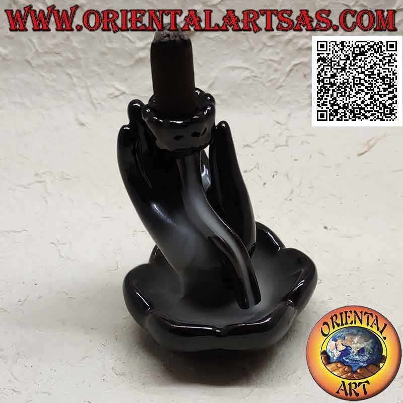 Bruciatore Incensi Cono reflusso Mano Buddha Fiore Loto Ceramica Nera