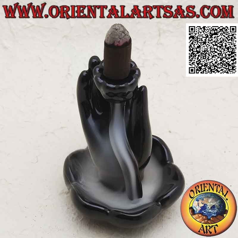 Cone Incense Burner Buddha Hand Lotus Black Ceramic | Oriental Art
