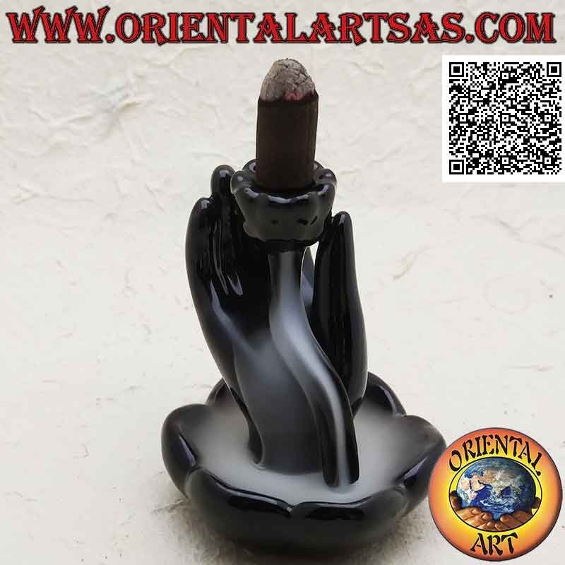 Bruciatore Incensi Cono reflusso Mano Buddha Fiore Loto Ceramica Nera
