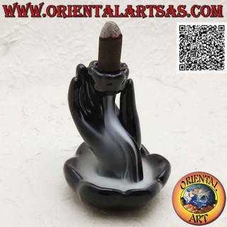 Cone Incense Burner Buddha Hand Lotus Black Ceramic | Oriental Art