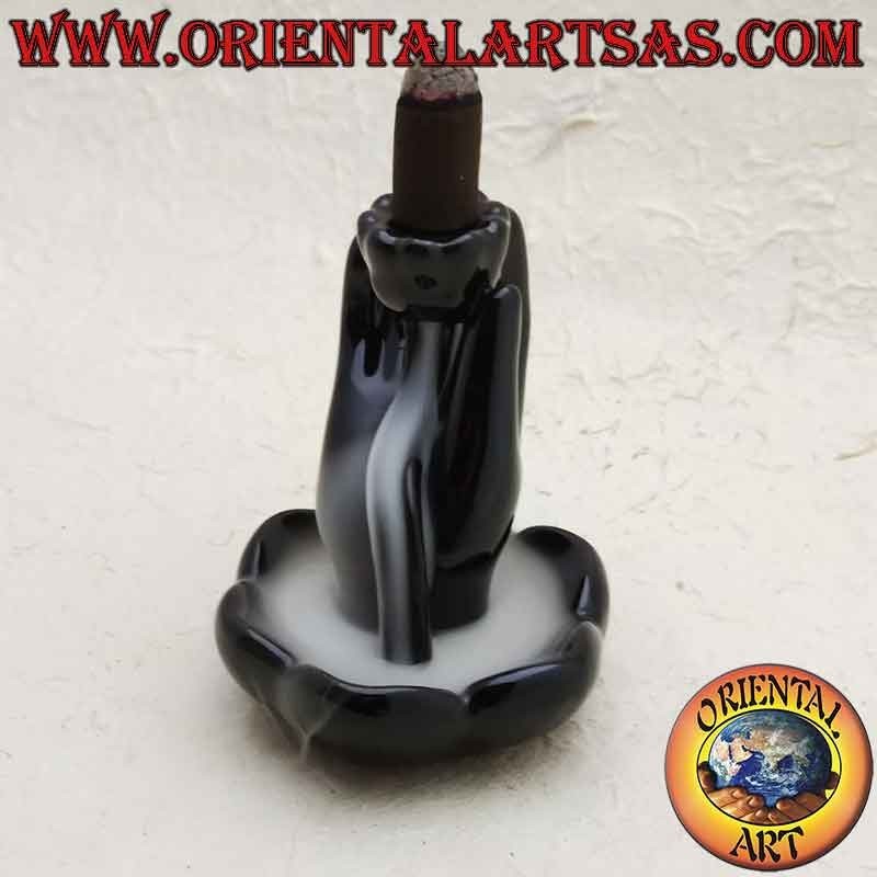 Bruciatore Incensi Cono reflusso Mano Buddha Fiore Loto Ceramica Nera