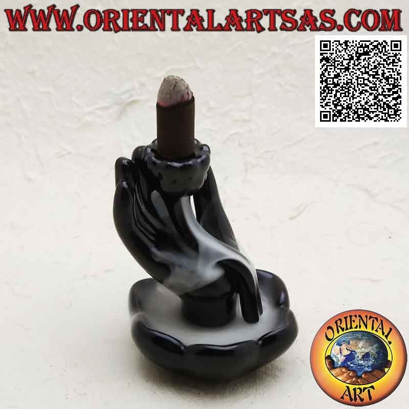 Cone Incense Burner Buddha Hand Lotus Black Ceramic | Oriental Art