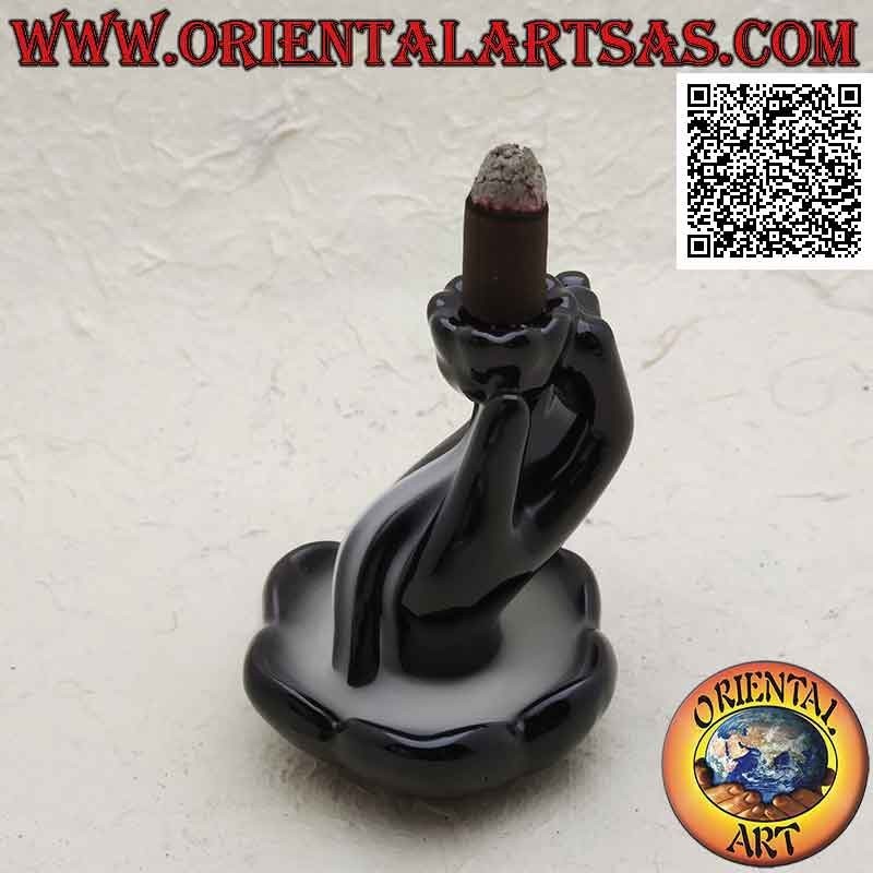 Cone Incense Burner Buddha Hand Lotus Black Ceramic | Oriental Art