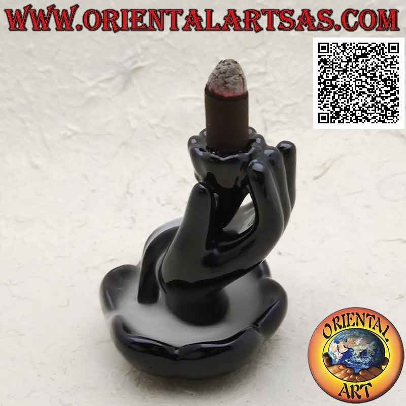 Brûle-Encens Cône Main Bouddha Lotus Céramique Noire | Oriental Art
