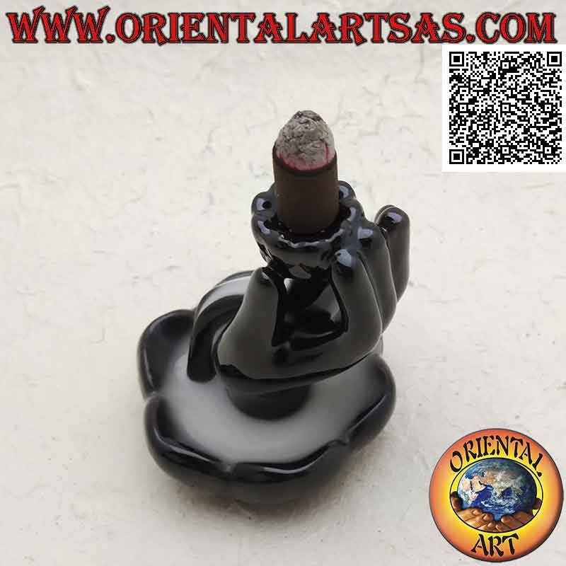 Bruciatore Incensi Cono reflusso Mano Buddha Fiore Loto Ceramica Nera