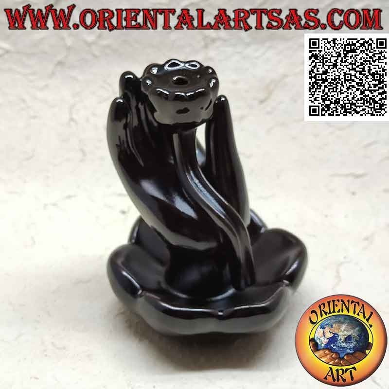 Bruciatore Incensi Cono reflusso Mano Buddha Fiore Loto Ceramica Nera