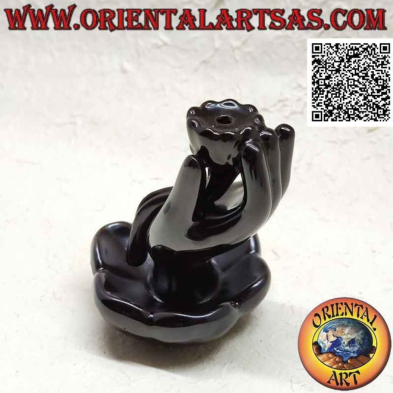 Bruciatore Incensi Cono reflusso Mano Buddha Fiore Loto Ceramica Nera