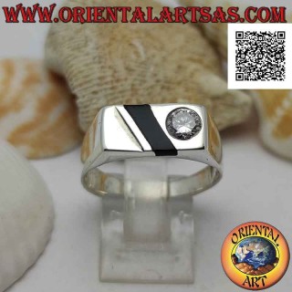Bague en argent lisse de style élégant avec bande onyx et zircon rond blanc