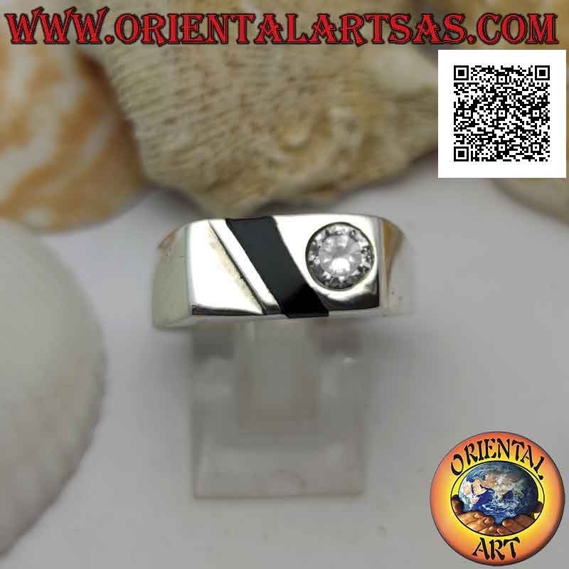 Anillo de plata lisa de estilo elegante con banda de ónix y circonita blanca redonda