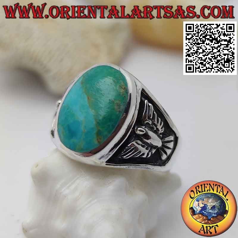 Bague en argent avec turquoise ovale naturelle et aigle bas-relief sur les côtés (24)