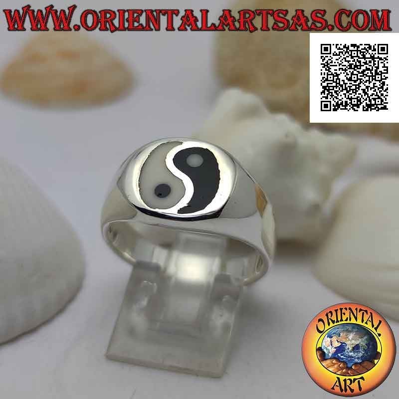 Glatter Silberring mit Yin Yang aus Perlmutt und Onyx im Kreis (dick)