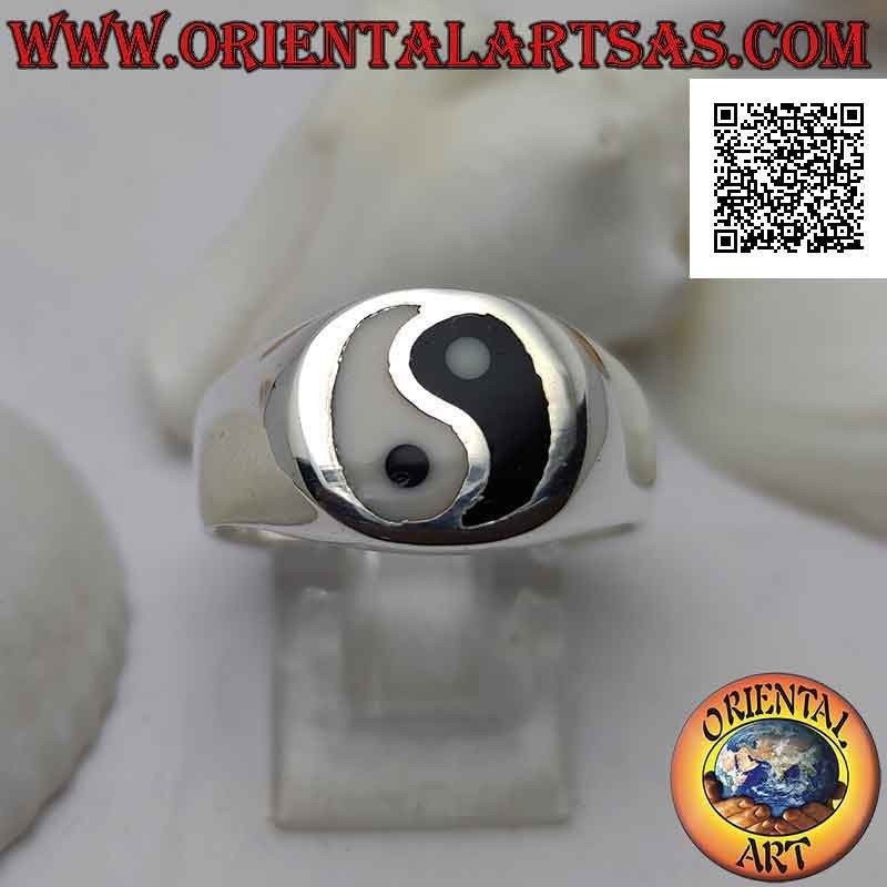 Glatter Silberring mit Yin Yang aus Perlmutt und Onyx im Kreis (dick)