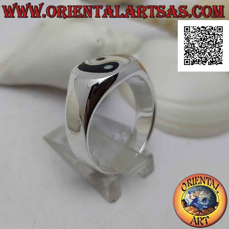 Glatter Silberring mit Yin Yang aus Perlmutt und Onyx im Kreis (dick)