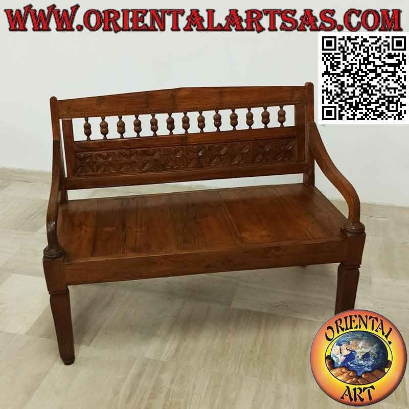 Panca antica con fiori intagliata a mano in legno di teak