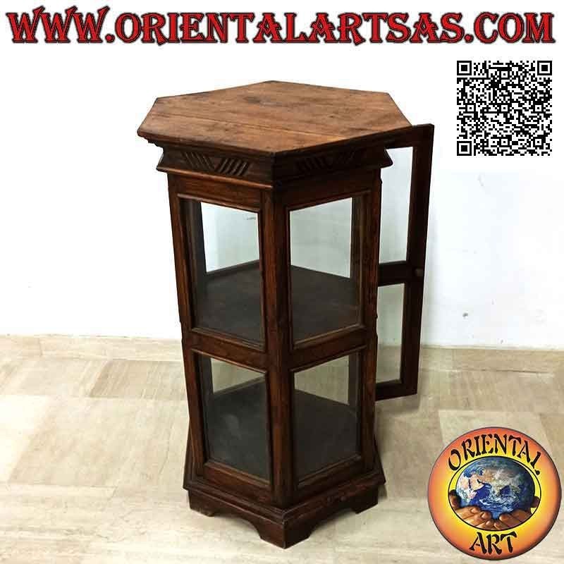 Hexagonal display cabinet with two shelves and oblique lines decoration in teak wood (dark)
