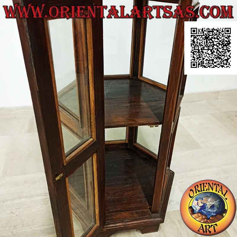 Hexagonal display cabinet with two shelves and oblique lines decoration in teak wood (dark)