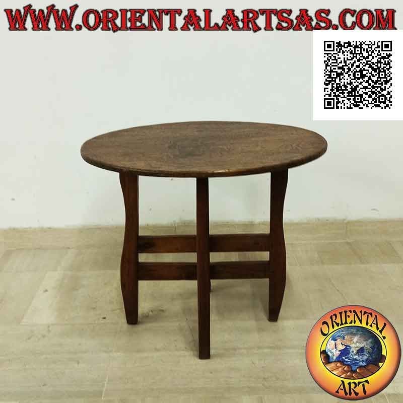 Table ronde à quatre pieds (plateau monobloc) en bois de teck ancien (70 cm Ø)