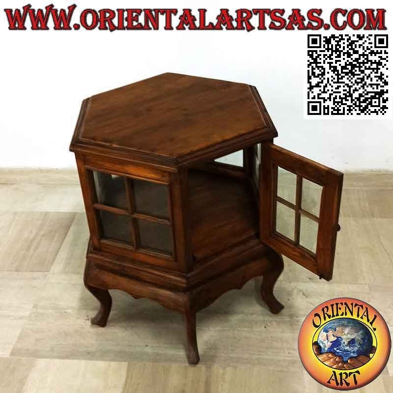 Vitrine hexagonale (style bar) en bois de teck