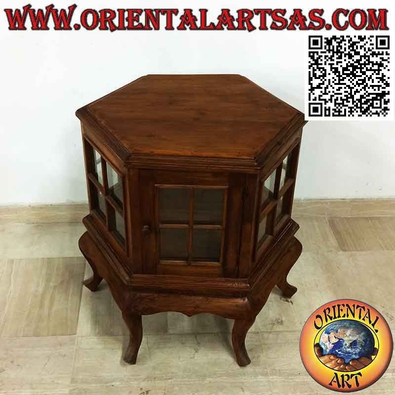 Vitrine hexagonale (style bar) en bois de teck