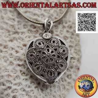 Silver pocket quartz watch pendant with heart-shaped perforated and marcasite decorations