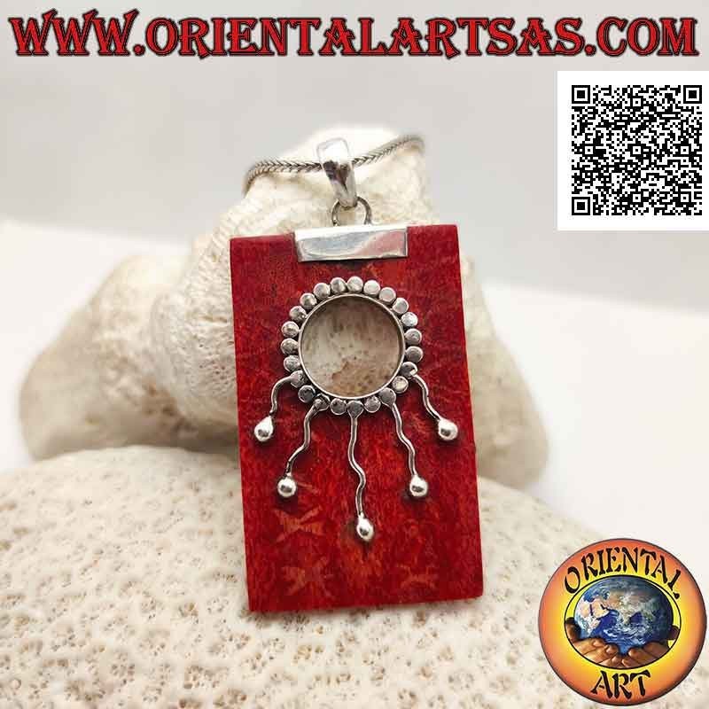 Ciondolo in argento con madrepora rossa (corallo) rettangolare con foro e decorazione ondulata