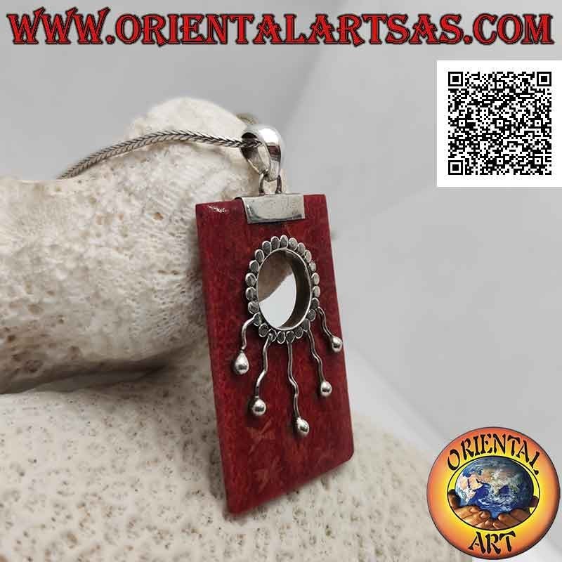 Ciondolo in argento con madrepora rossa (corallo) rettangolare con foro e decorazione ondulata