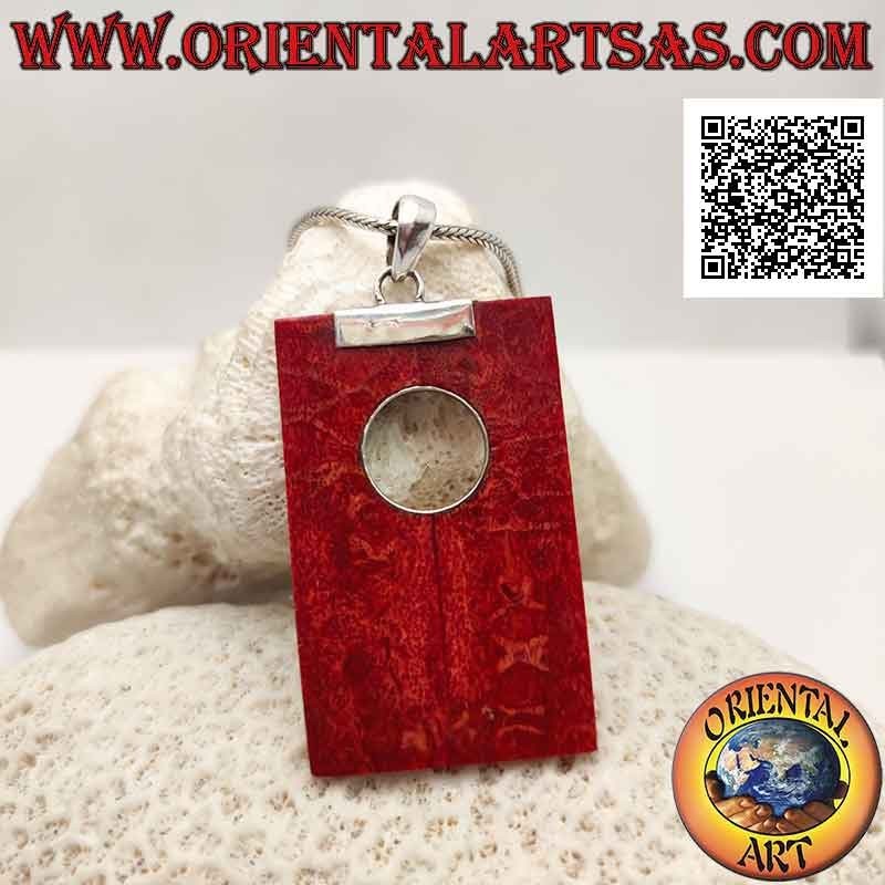Silver pendant with red coral (coral) rectangular with hole and wavy decoration