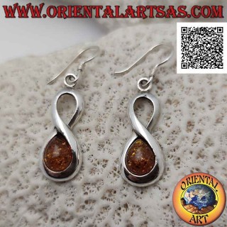 Boucles d'oreilles à crochet en argent lisse de forme infini avec une goutte d'ambre cabochon dans l'un des deux cercles