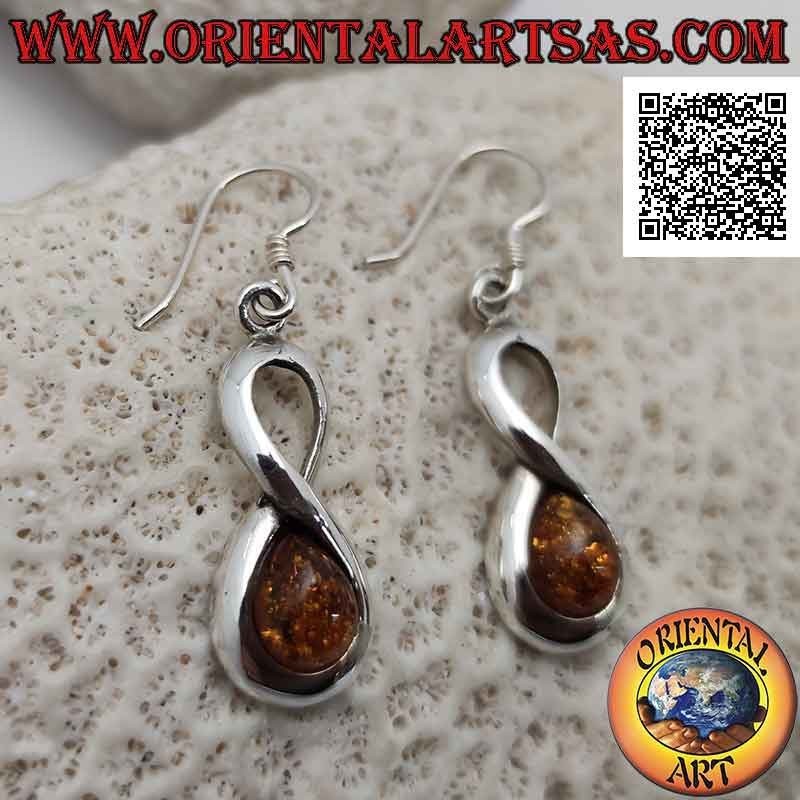 Glatte unendlich geformte silberne Hakenohrringe mit Cabochon Drop Amber in einem der beiden Kreise