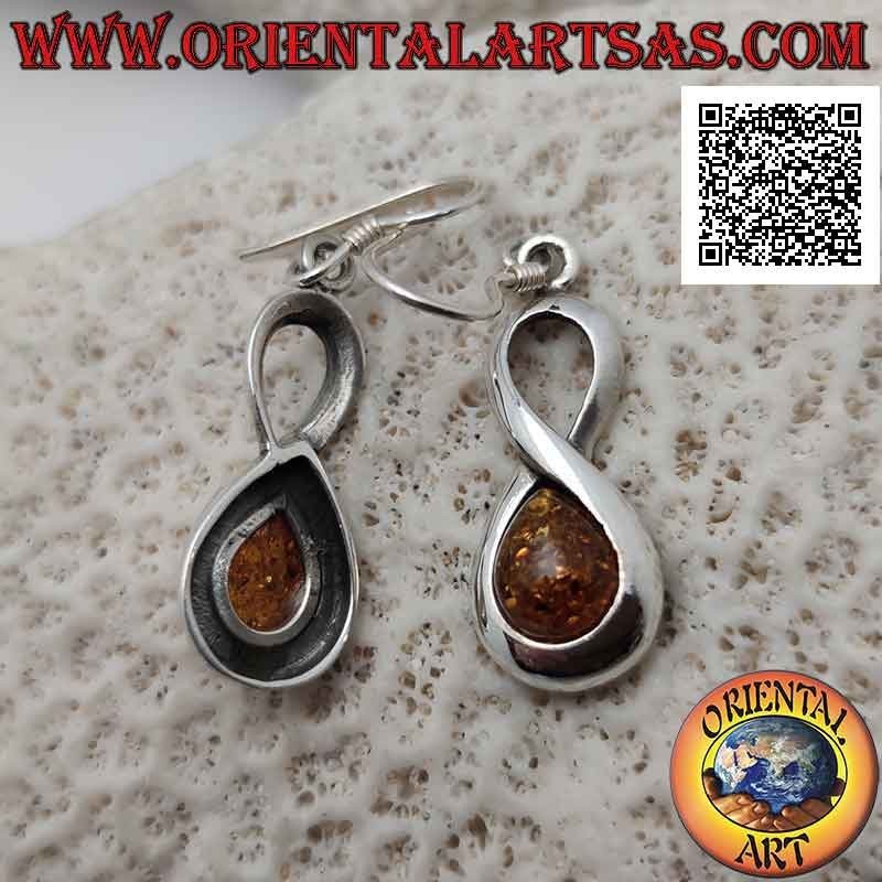 Boucles d'oreilles à crochet en argent lisse de forme infini avec une goutte d'ambre cabochon dans l'un des deux cercles