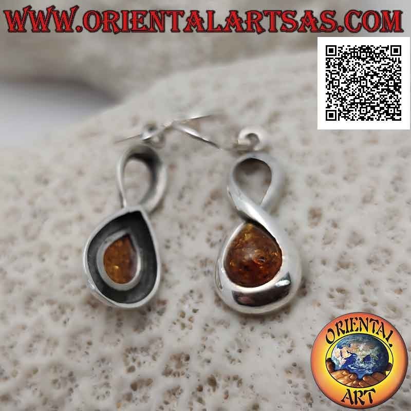 Pendientes de gancho de plata lisos en forma de infinito con ámbar gota de cabujón en uno de los dos círculos
