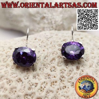 Orecchini in argento con zircone color ametista , sfaccettato ovale orizzontale