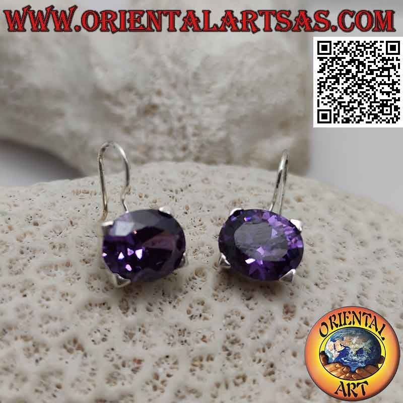 Boucles d'oreilles en argent avec zircon couleur améthyste, ovale horizontal facetté