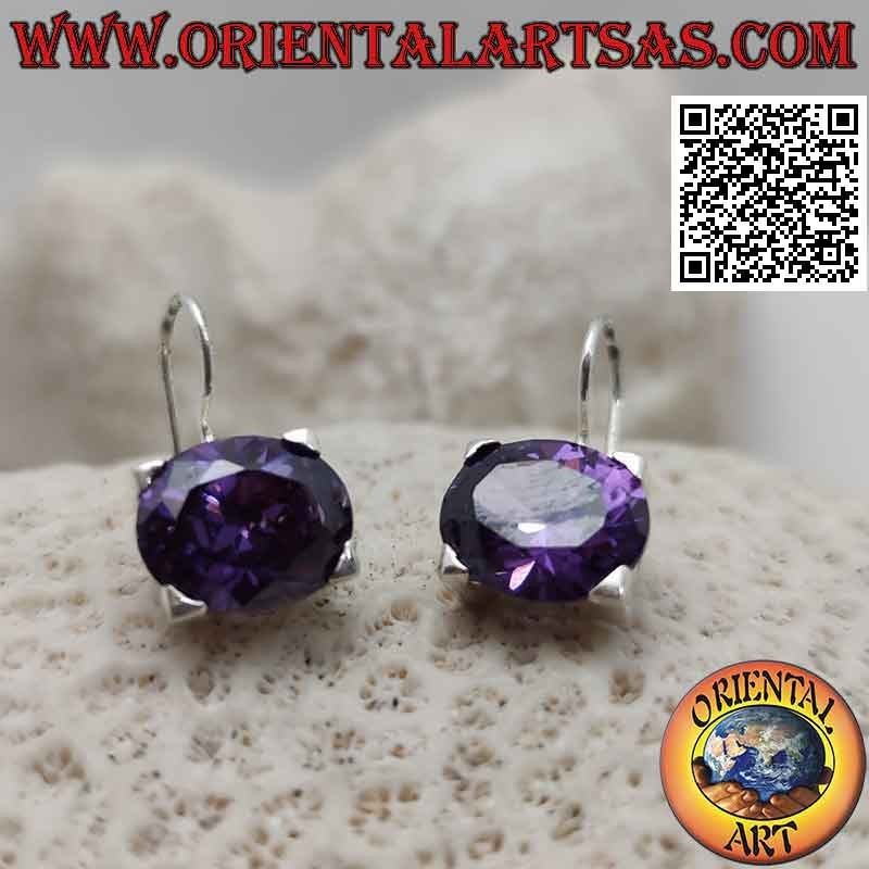 Pendientes de plata con circonitas color amatista, óvalo horizontal facetado