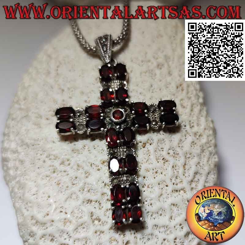 Silver Christian cross pendant with two rows of natural oval garnets alternating with marcasite