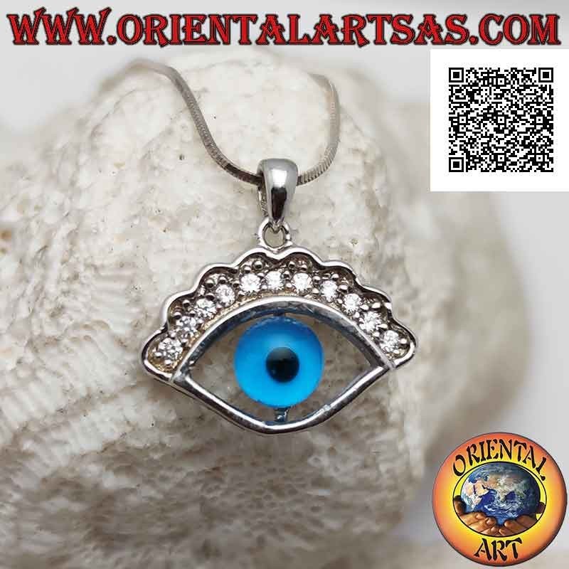 Colgante de plata, ojo de Alá (amuleto contra el mal de ojo y la mala suerte) con cejas de circonita cúbica