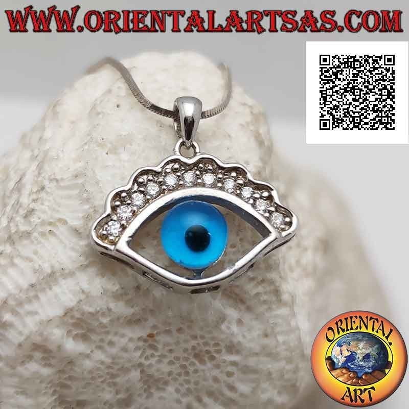 Silver pendant, Allah's eye (amulet against evil eye and bad luck) with cubic zirconia eyebrows