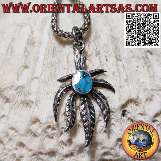 Silver pendant, inverted marijuana leaf with central oval turquoise